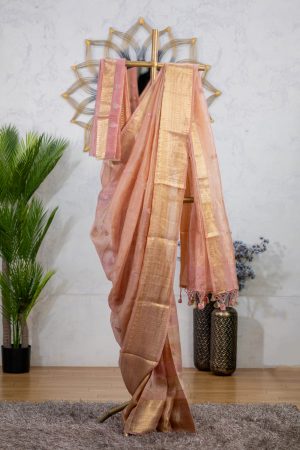 Pure Linen Saree with Matching Handwork & Light Antique Zari Border