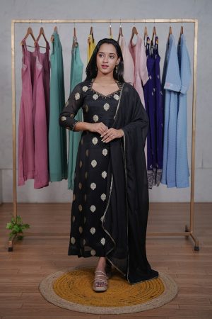 Jacquard Organza Readymade Salwar Set with Handwork Neck & Sleeves