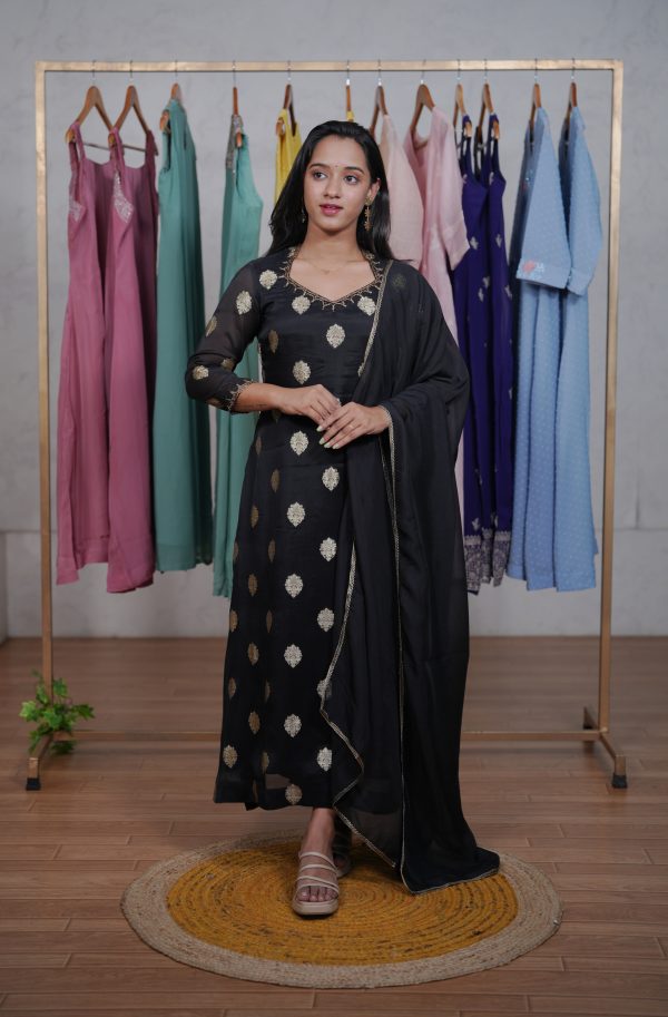 Jacquard Organza Readymade Salwar Set with Handwork Neck & Sleeves - Image 2