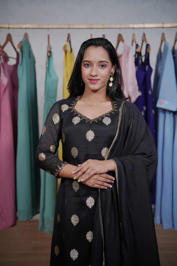 Jacquard Organza Readymade Salwar Set with Handwork Neck & Sleeves - Image 5