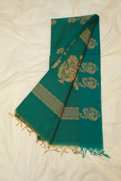 Peacock Blue Cotton Silk Designer Saree
