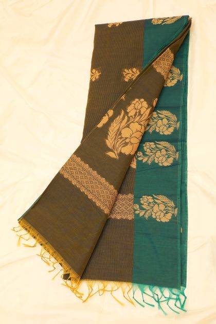 Peacock Blue Cotton Silk Designer Saree with Floral Thread Woven Design & Matching Blouse