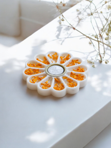 White Marble Petal Tealight Holder with Brass Inlay Center