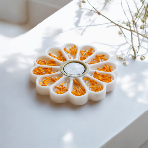 White Marble Petal Tealight Holder with Brass Inlay Center